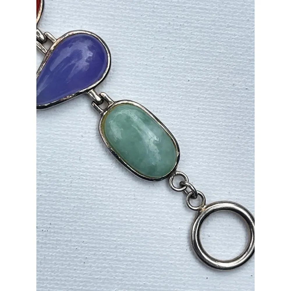 Vintage Sterling Silver Multicolor Jade Bracelet 26 grams